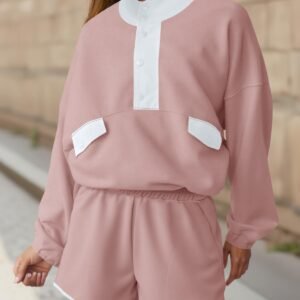 Fisoew Womens 2 Piece Sets Sweatsuits Casual Half Button Color Block Sweatshirts Running Shorts Tracksuits Fall Outfits