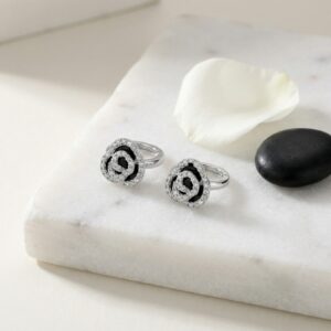 925 Sterling Silver Elegant Sterling Silver Rose Flower Huggie Hoop Earrings with Black and White Accents