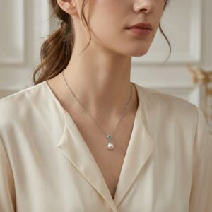 925 Sterling Silver Elegant White Pearl and Emerald Pendant Necklace with Sparkling Diamond Accents