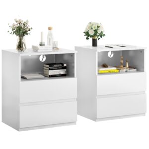 Set Of 2 End Table With Fast USB C Charging Station, Sofa Side Table With 2 Drawers, Large Storage Modern Wood Storage Cabinet For Living Room,Bedroom,Office, White