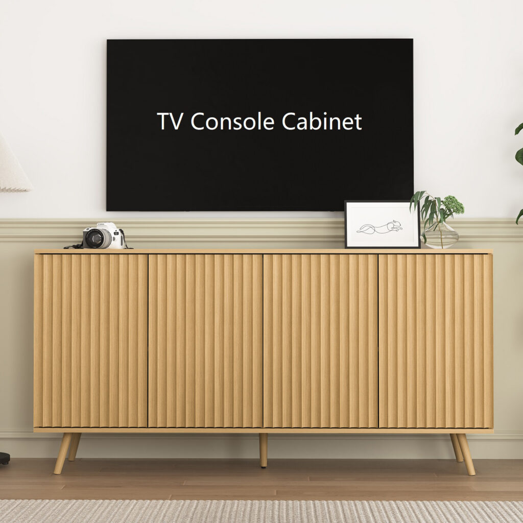 Sideboard Buffet Cabinet With Storage, Long Sideboard Storage Cabinet With 4 Doors, Wood Credenza Console Coffee Bar Cabinets With Adjustable Shelves For Living Room Kitchen Dining Room Natural