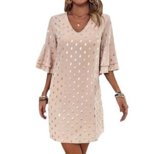 Elegant V-Neck Flared-Sleeve Polka-Dot Gold-Stamped Womens Dress