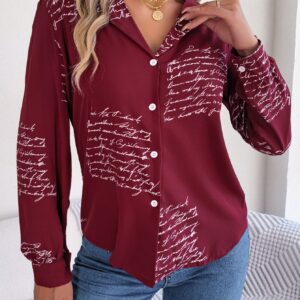 Women's Casual Versatile Letter Print Notched Lapel Long Sleeve Shirt