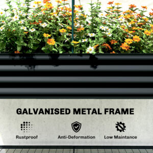 Galvanised Raised Garden Bed with Greenhouse Cover, Metal Elevated Garden Bed with Bed Liner, Bottom Shelf, Black