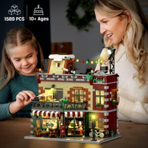 Coffee House Building Set With Light, 1589 PCS City Cafe Shop Building Block Toy With Stage Street Lights, Architecture Construction Model For Adults Teens Kids Ages