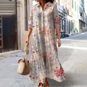 Womens Long-Sleeve Lapel-Neck Digital-Print Dress