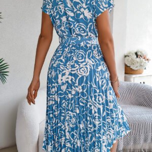 Women's Elegant Floral Print Short Sleeve Flowy Pleated Dress