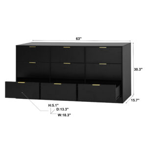 Black 9 Drawer Dresser, 63 Large Deep Chest Of Drawers, Wooden Dresser Storage Cabinet With 9 Drawers For Bedroom, Long Dressers For Living Room, Hallway