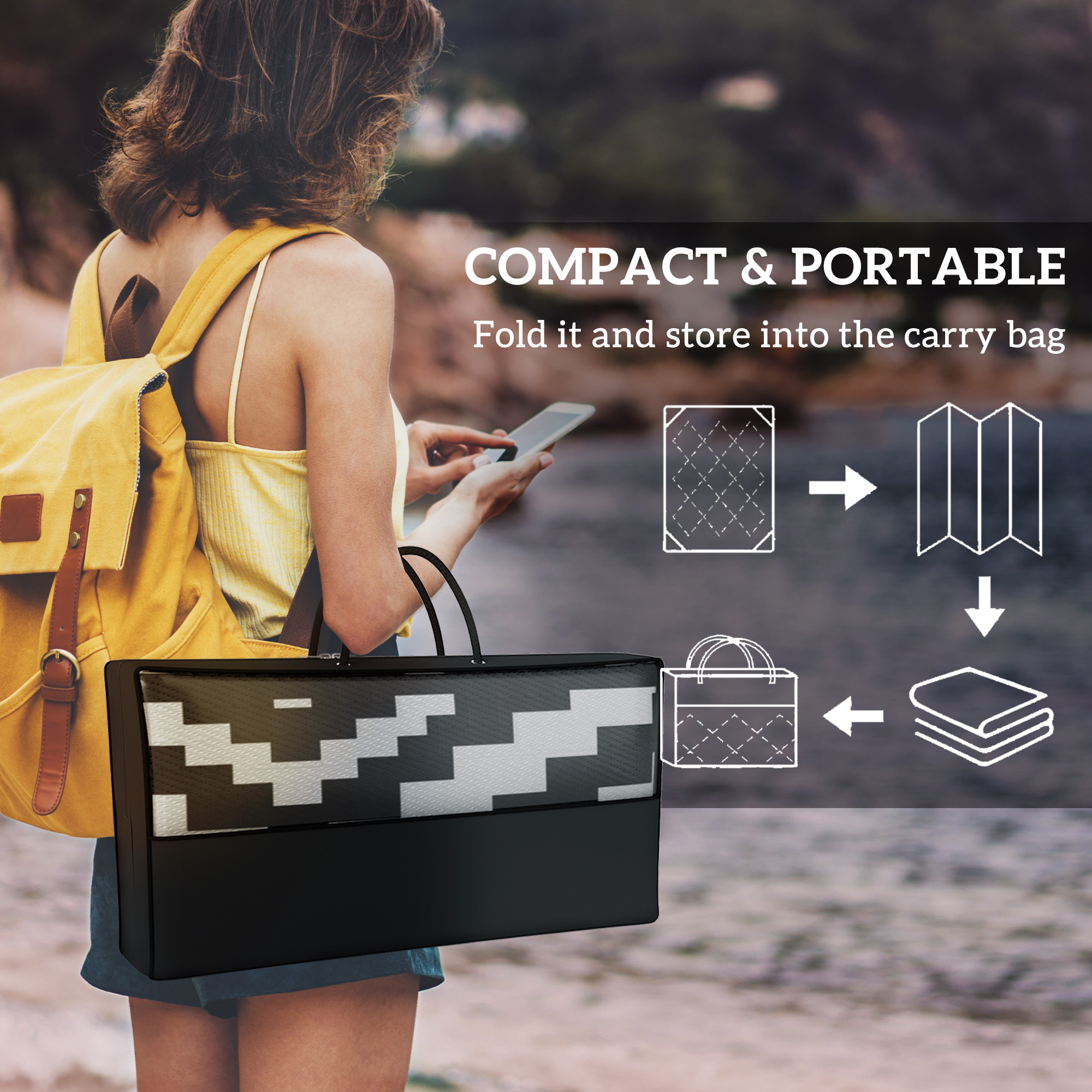 Outdoor Rug Carpet Reversible Plastic Straw Rug with LED Lights Black and White 12′ x 9′ for Patio