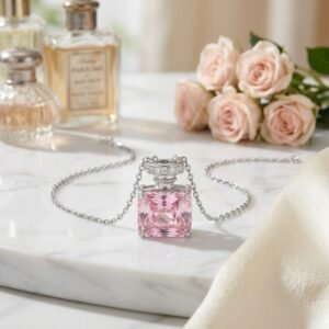 925 Sterling Silver Elegant Pink Gemstone Perfume Bottle Pendant Necklace in Sterling Silver