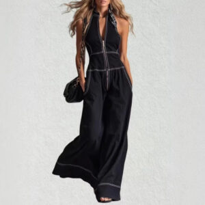 European And American Style Summer Fashion Elegant Front-Zip Sleeveless Wide-Leg Jumpsuit