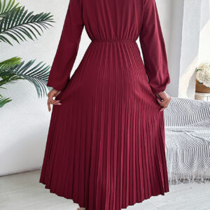 Women's Elegant Triple V Neck Long Sleeve Tie Waist Pleated Maxi Dress