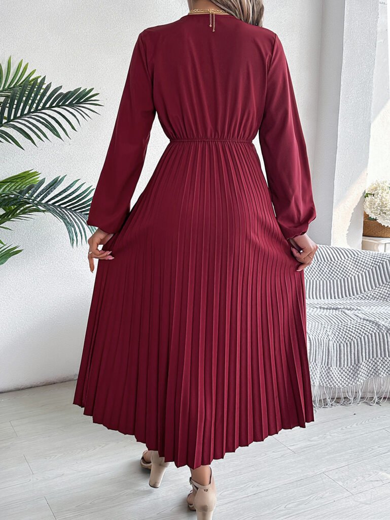 Women's Elegant Triple V Neck Long Sleeve Tie Waist Pleated Maxi Dress