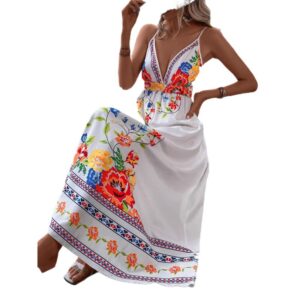 European And American Floral Print V-Neck Slip Dress
