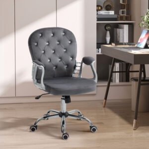 Button Tufted Desk Chair, Home Office Chair with Padded Armrests, Adjustable Height and Swivel Wheels, Dark Gray