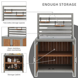 Weatherproof Wooden Garden Cabinet Tool Shed With Stainless Steel Worktop, Grill Station With Adjustable Shelves And Storage Compartments, Kitchen Cabinet For Patio, Balcony, Garden