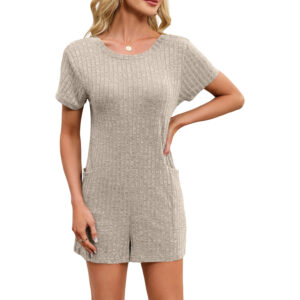 V-neck Loose-fit Pocketed Short-sleeve Jumpsuit Beach Pants Womens