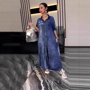Spring Summer Mid-Length Denim Printed Dress
