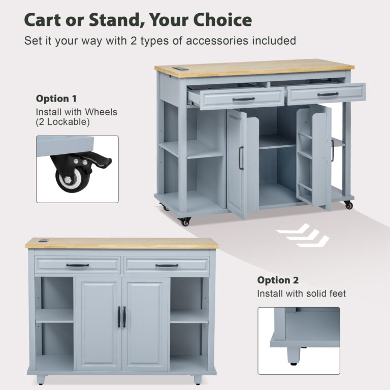 K&K 47 Inch Kitchen Island With Extendable Dining Table, Rubber Wood Veneer Kitchen Table With Internal Storage Rack, Power Outlet, Kitchen Island With Storage 2 Drawers 2 Cabinet,Grey Blue