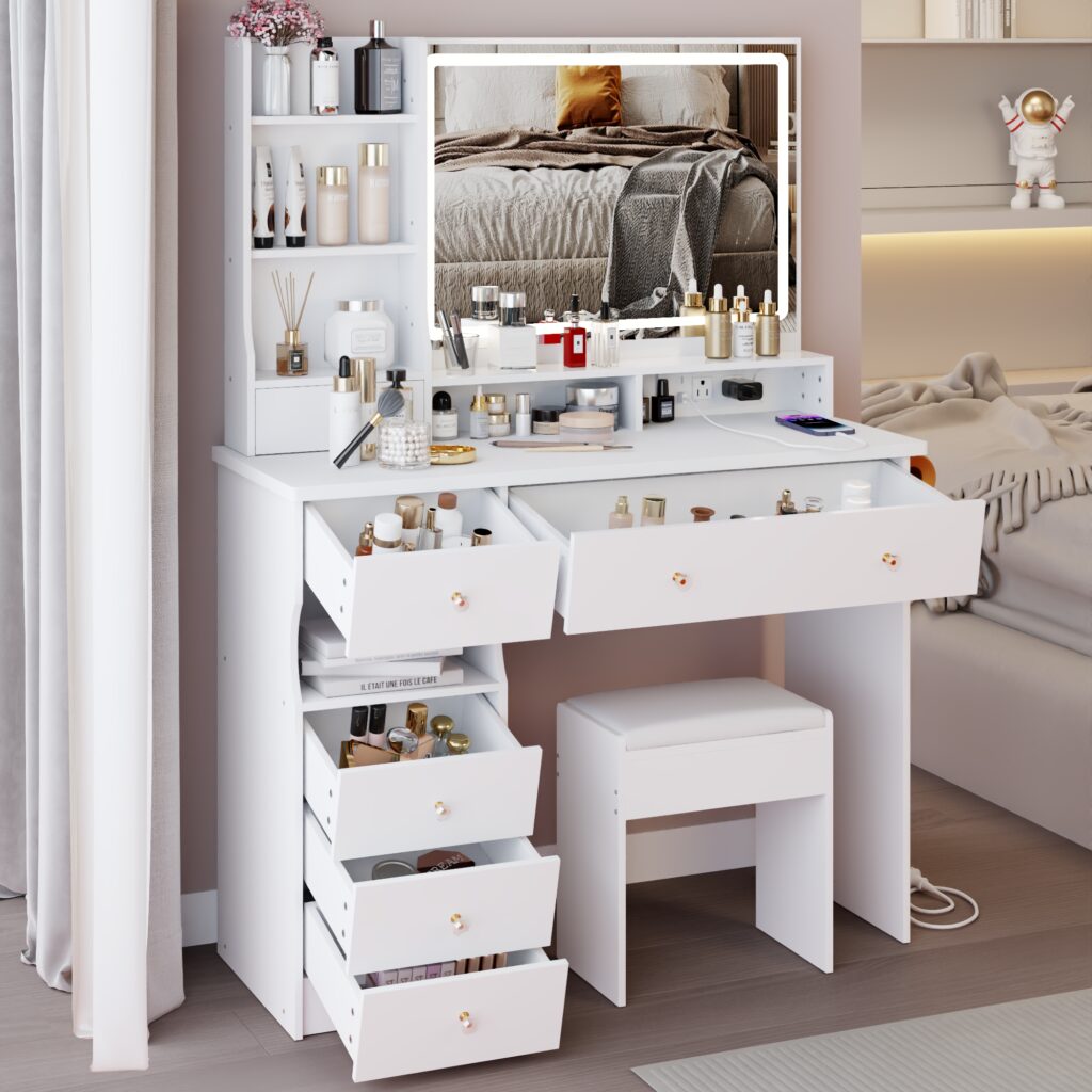 41 Large Size Left Drawer Desktop Vanity Table Cushioned Stool Dresser Set, 2 AC- 2 USB Power Station, Hair Dryer Stand, Extra Large Touch Control LED Mirror, 3-color Switch, EPA, GCC, UL Certificate