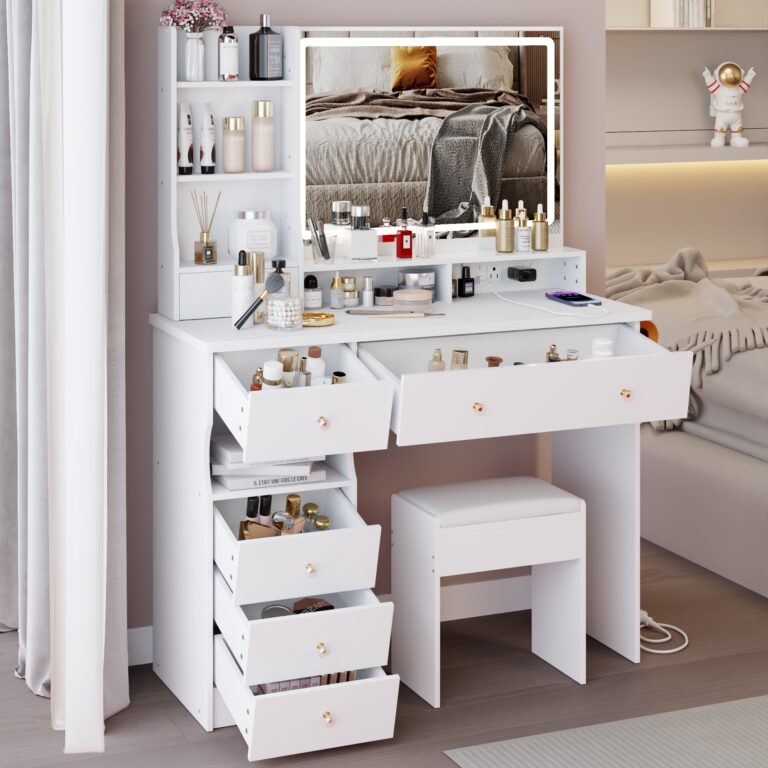 41 Large Size Left Drawer Desktop Vanity Table Cushioned Stool Dresser Set, 2 AC- 2 USB Power Station, Hair Dryer Stand, Extra Large Touch Control LED Mirror, 3-color Switch, EPA, GCC, UL Certificate