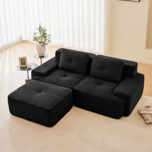 82 Modern L-Shaped Modular Sectional Sofa For Living Room, Corduroy Fabric, 2-Seater Couch With Deep Seat And Movable Ottoman, Pearl-like Piping, Tufted Design, No Assembly, Anti-slip Design, Black
