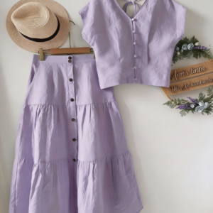 Gentle Style V-neck Button-down Sleeveless Top And High-waisted Skirt Set For Women
