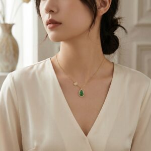 925 Sterling Silver Elegant Green Jadeite Gourd Pendant Necklace with Shimmering Diamond Halo and Charm