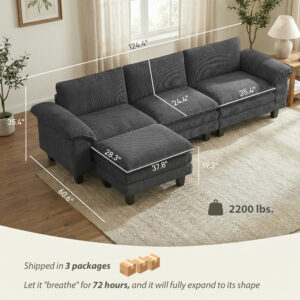 Sectional Sofa, L Shaped Couch with Deep Seat, Movable Ottoman and Pillow-top Armrests, Dark Gray