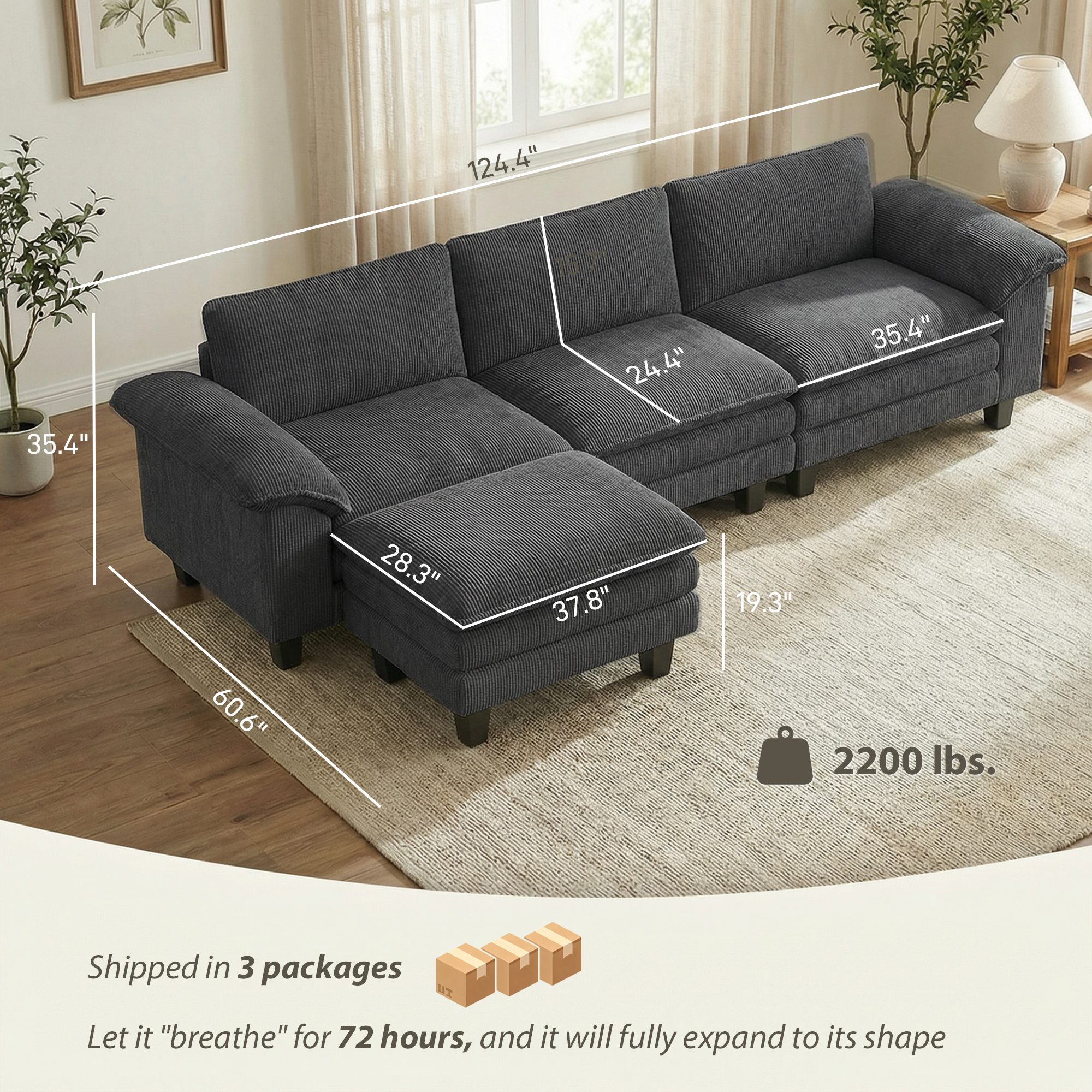 Sectional Sofa, L Shaped Couch with Deep Seat, Movable Ottoman and Pillow-top Armrests, Dark Gray
