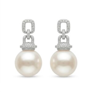 925 Sterling Silver Elegant White Pearl Drop Earrings with Pave Diamond Geometric Links