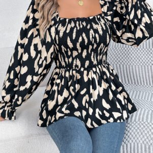 Women's Casual Ruffle Trim Square Neck Leopard Print Long Sleeve Chiffon Top