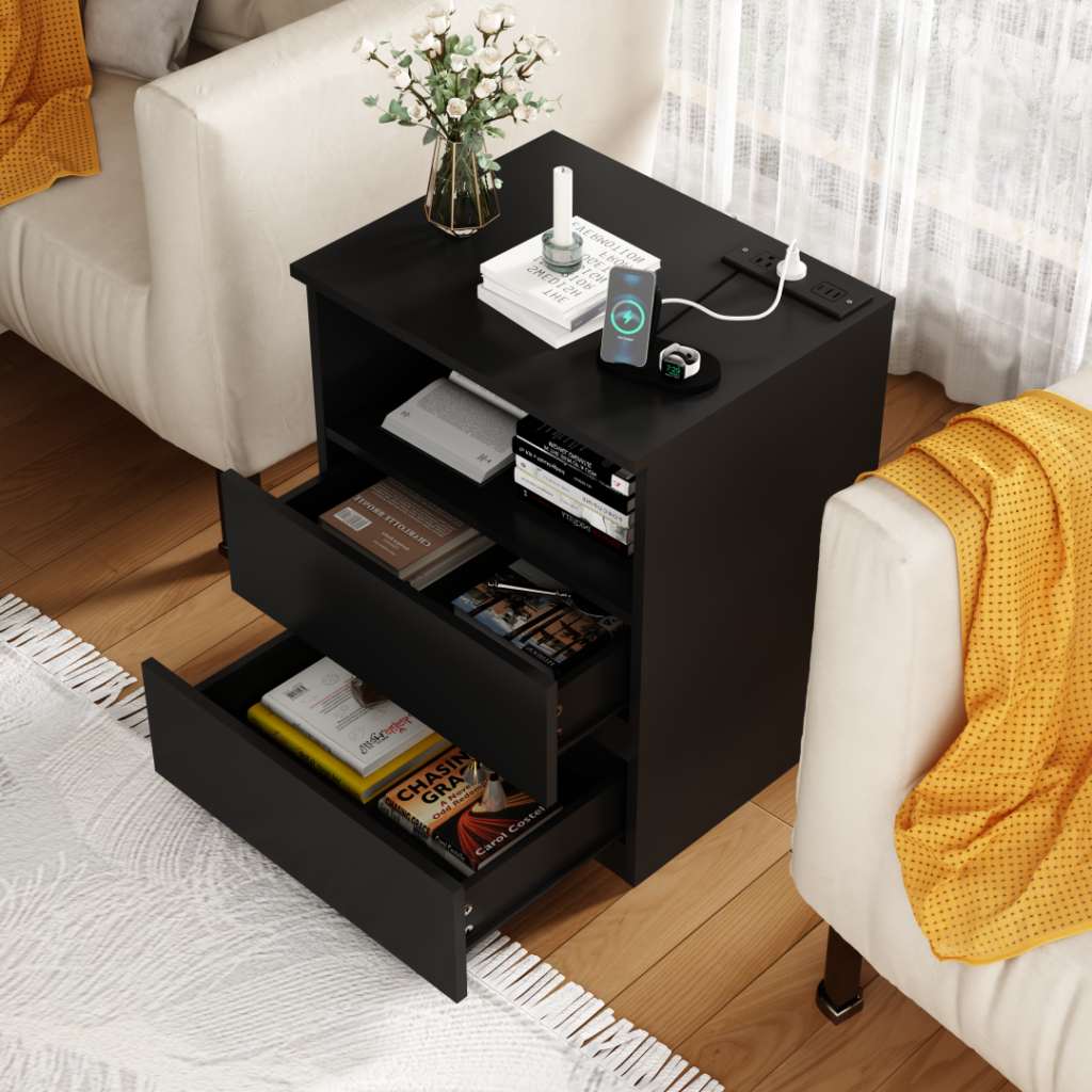 Set Of 2 End Table With Fast USB C Charging Station, Sofa Side Table With 2 Drawers, Large Storage Modern Wood Storage Cabinet For Living Room,Bedroom,Office, Black