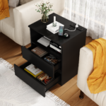 Set Of 2 End Table With Fast USB C Charging Station, Sofa Side Table With 2 Drawers, Large Storage Modern Wood Storage Cabinet For Living Room,Bedroom,Office, Black