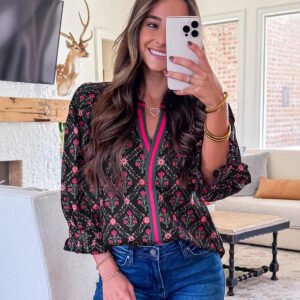 European And American-style Fashion Contrast-color Floral-print Chiffon Blouse