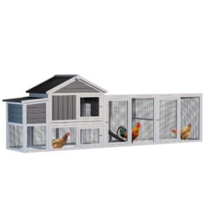 113.5 Gray Large Wooden Chicken Coop Outdoor Hen House With Run, Waterproof Anti-UV Panel & Nesting Box, Secure Lock, Removable Tray For 2-4 Chickens Or Small Animals