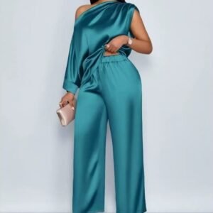 Spot 2026 European And American Cross-border Summer Casual Women's Satin Suit Slanted Collar Short-sleeved Top Trousers Set