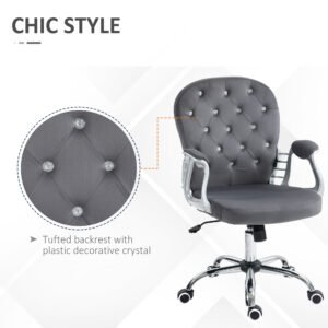 Button Tufted Desk Chair, Home Office Chair with Padded Armrests, Adjustable Height and Swivel Wheels, Dark Gray