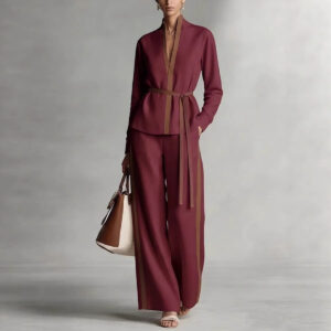 Women’s Casual Patchwork Cardigan Shirt And Wide-Leg Pants Set