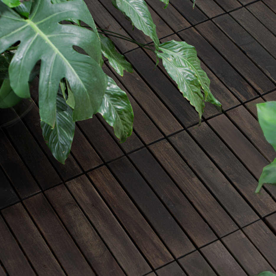 10 PCS Interlocking Deck Tiles Striped Pattern, 12inch X 12inch Dark Brown Square Acacia Hardwood Outdoor Flooring For Patio, Bancony, Pool Side