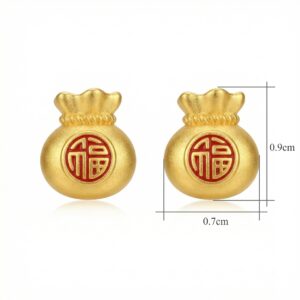 925 Sterling Silver Prosperity Money Bag Studs with Red Fu Character Blessing