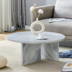 A Multi Style Decor Friendly MDF White Round Coffee Table, Featuring Modern Minimalism And Nordic Flair, With Dimensions Of 31.5×31.5×13.98 Inches.