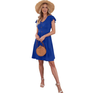 V-neck Solid Color Defined Waist Ruffle Sleeve Womens Fashion Mid-length Dress