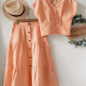 Gentle Style V-neck Button-down Sleeveless Top And High-waisted Skirt Set For Women