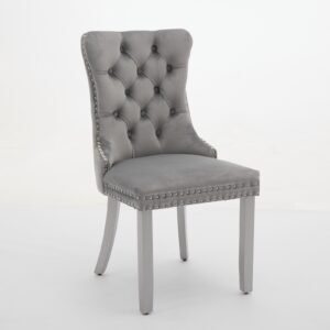 A&A Furniture, Nikki Modern, High-end Tufted Solid Wood Contemporary Velvet Upholstered Dining Chair With Wood Legs Nailhead Trim 2-Pcs Set, Light Gray,