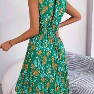 Women Elegant Ruffle Trim Floral Print Tie Waist Pleated Dress