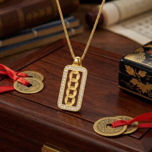 925 Sterling Silver Ornate Rectangular Medallion Necklace Featuring Interlocking Circular Motifs and Shimmering Accents