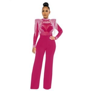 Arrival Hot-Stone Embellished Tassel-Trimmed Shoulder Design Sheer Polyester Mesh Patchwork Jumpsuit