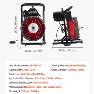 Drain Cleaner Machine 75 FT X 1/2 Inch, Sewer Snake Auger Manual Feed With 4 Cutters & Air-activated Foot Switch For 2" To 6" Pipes