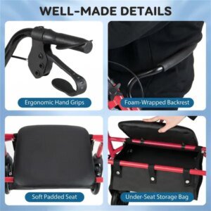 2-in-1 Rollator Walker With Seat (Red), 8-Inch Large Wheels & Versatile Braking System, Adjustable Height